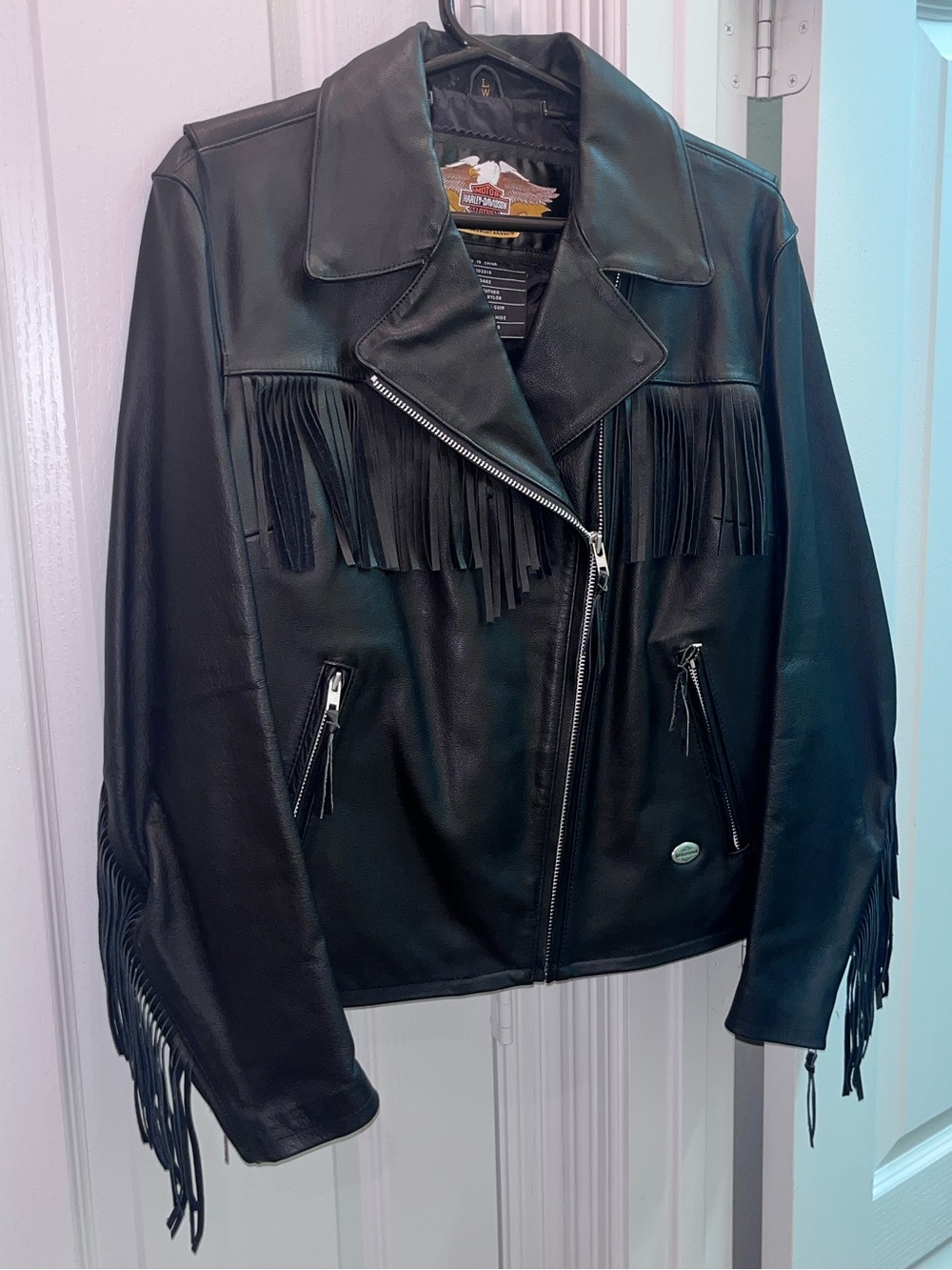 Harley Davidson Women’s Size L Black Leather Fringe Motorcycle Biker Jacket EUC